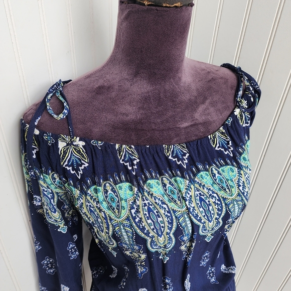 Kori America White Navy Blue Romper Off The Shoulder Tie Paisley Rayon Sz M - Picture 3 of 16